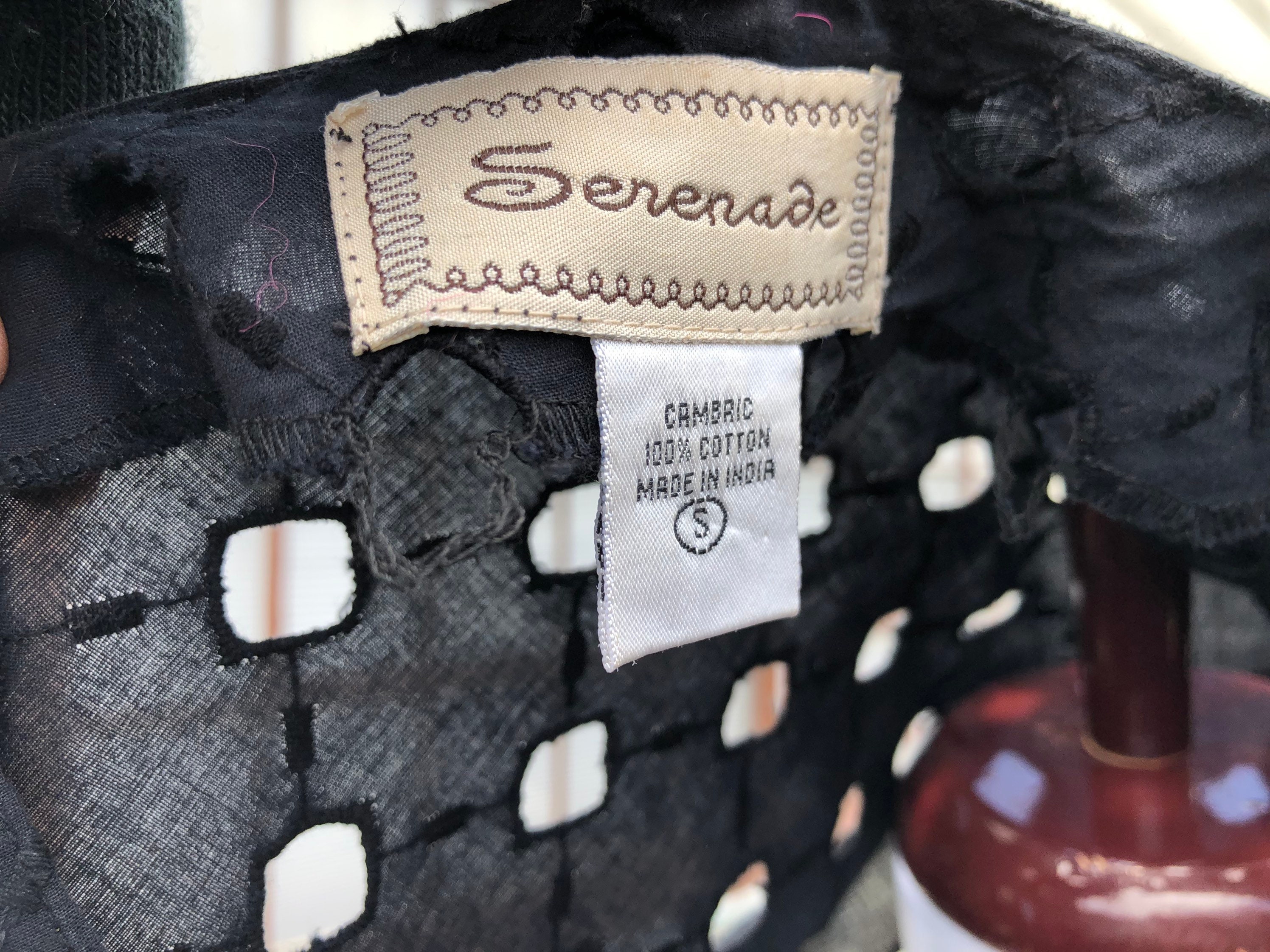 90s Black Cotton Embroidered Cutwork Peekaboo Plaid Mesh