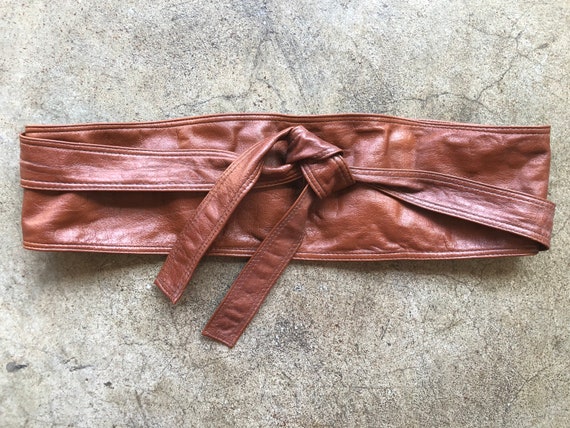 70s Brown Wide Thin Leather Sash Tie Fashion Belt… - image 2