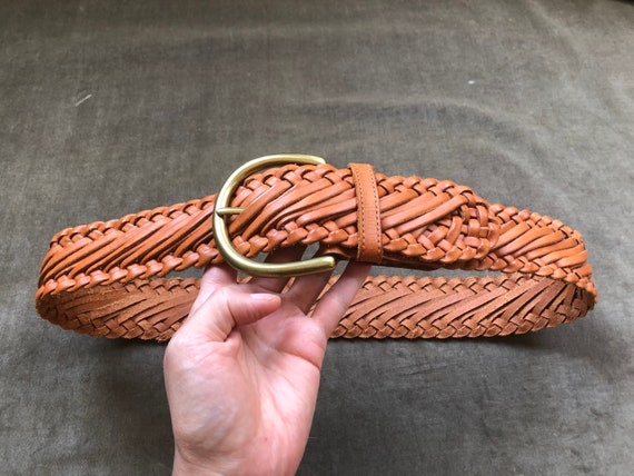 Vintage Wide Woven Tan Brown Leather Belt Braided… - image 10
