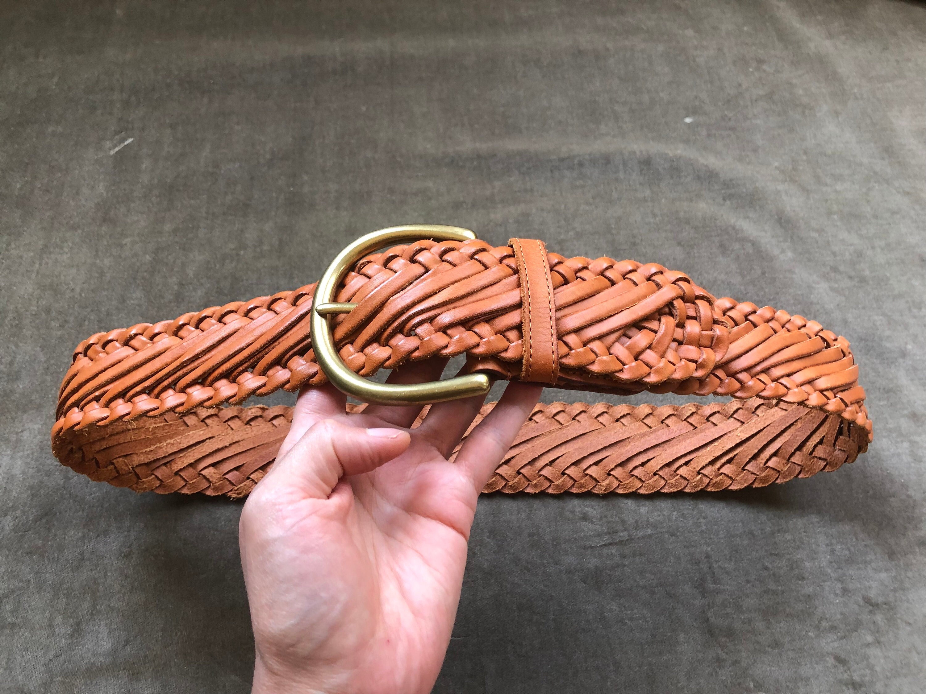 BCBGMaxAzria Women\'s Y2K Wide Woven Leather Brass Buckle Belt, Brown,S Vintage Wide Woven Tan Brown Leather Belt Braided Solid  main image 2