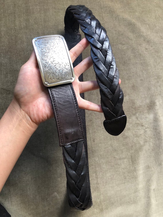 Leather braided black belt floral silver tone buckle Size XL statement western il_fullxfull.3742441605_l5yl.jpg main image 4