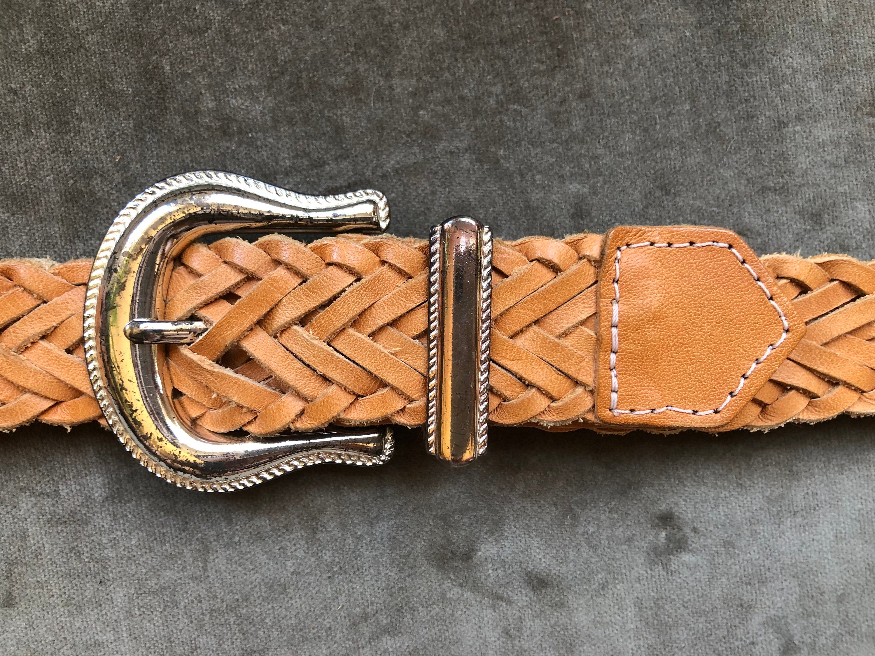 Womens Vintage Silver Buckle Tip Emblem Brown Woven Leather Belt Sz.34 80s Brown Tan Leather Woven Belt Silver Tone Buckle 1980s Sz  main image 3