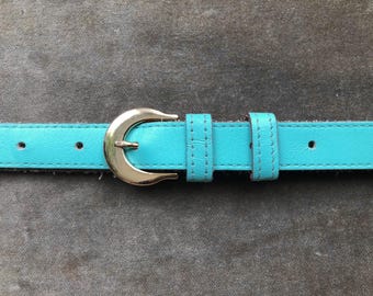 60s 70s Skinny Aqua Bright Blue Green Retro Leather Belt  display picture 2