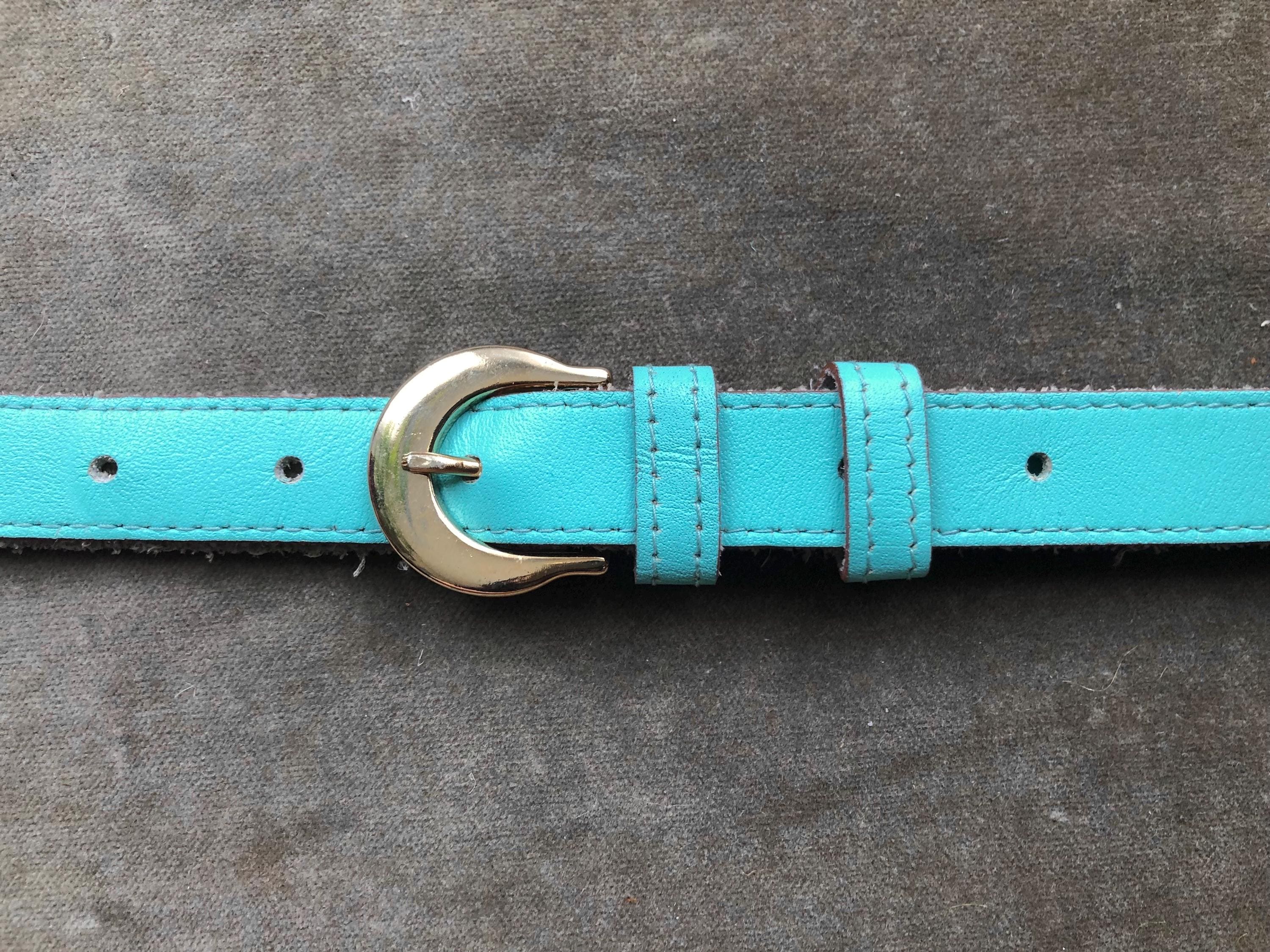60s 70s Skinny Aqua Bright Blue Green Retro Leather Belt  display picture 1