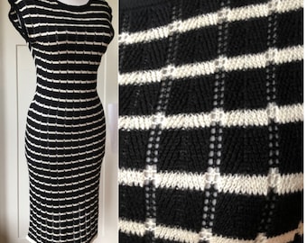 Silk Black White Striped Knit Crochet Open Lacy Lace Crocheted Cotton Sleeveless Dress S M 1990s 90s Vintage 1930s 30s Style Agnes B. Paris