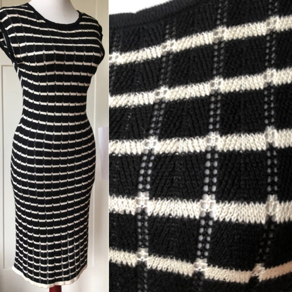 Silk Black White Striped Knit Crochet Open Lacy Lace Crocheted Cotton Sleeveless Dress S M 1990s 90s Vintage 1930s 30s Style Agnes B. Paris