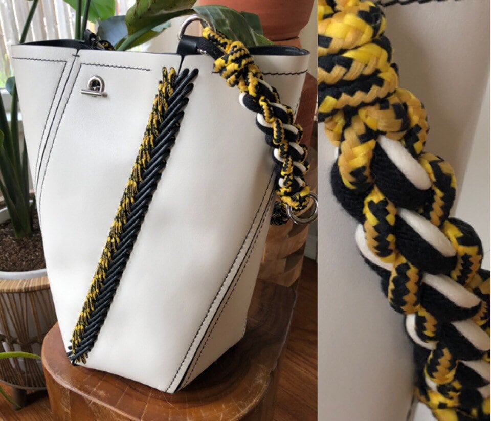 Proenza Schouler Ton Leder Hex Bucket Umhangetasche MittelgroBe Geldborse Schwarz Gelb Cord Seil gewebt Riemen Whipstitch genahte Patchwork Boho Etsy