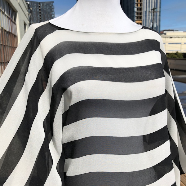 90s Sheer Silk Chiffon See Through Drapey Black and White Striped Kimono Blouse Over Shirt Top 1990s vintage S M Dana Buchman Coverup Stripe