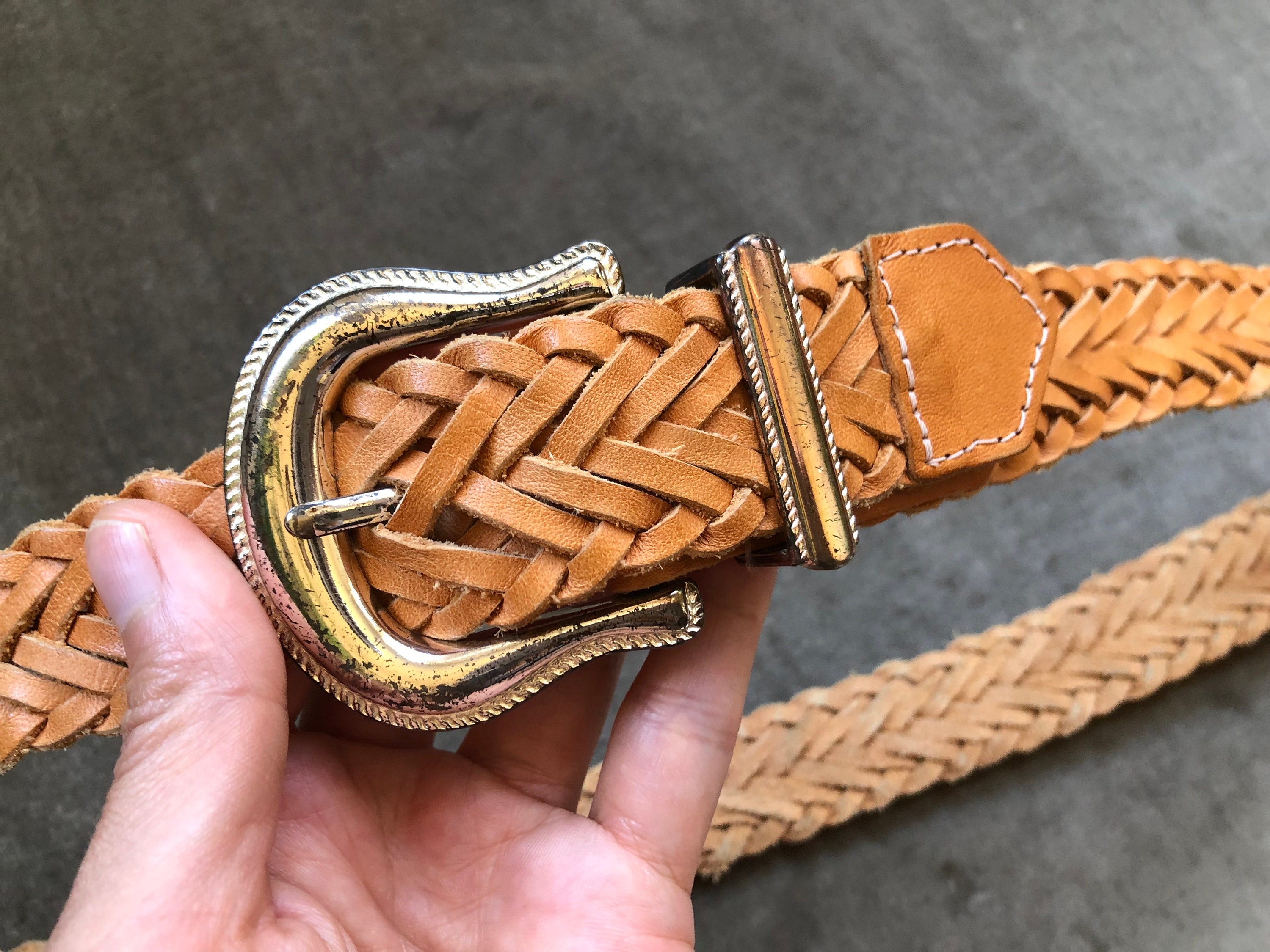 80s Brown Tan Leather Woven Belt Silver Tone Buckle 1980s Sz 