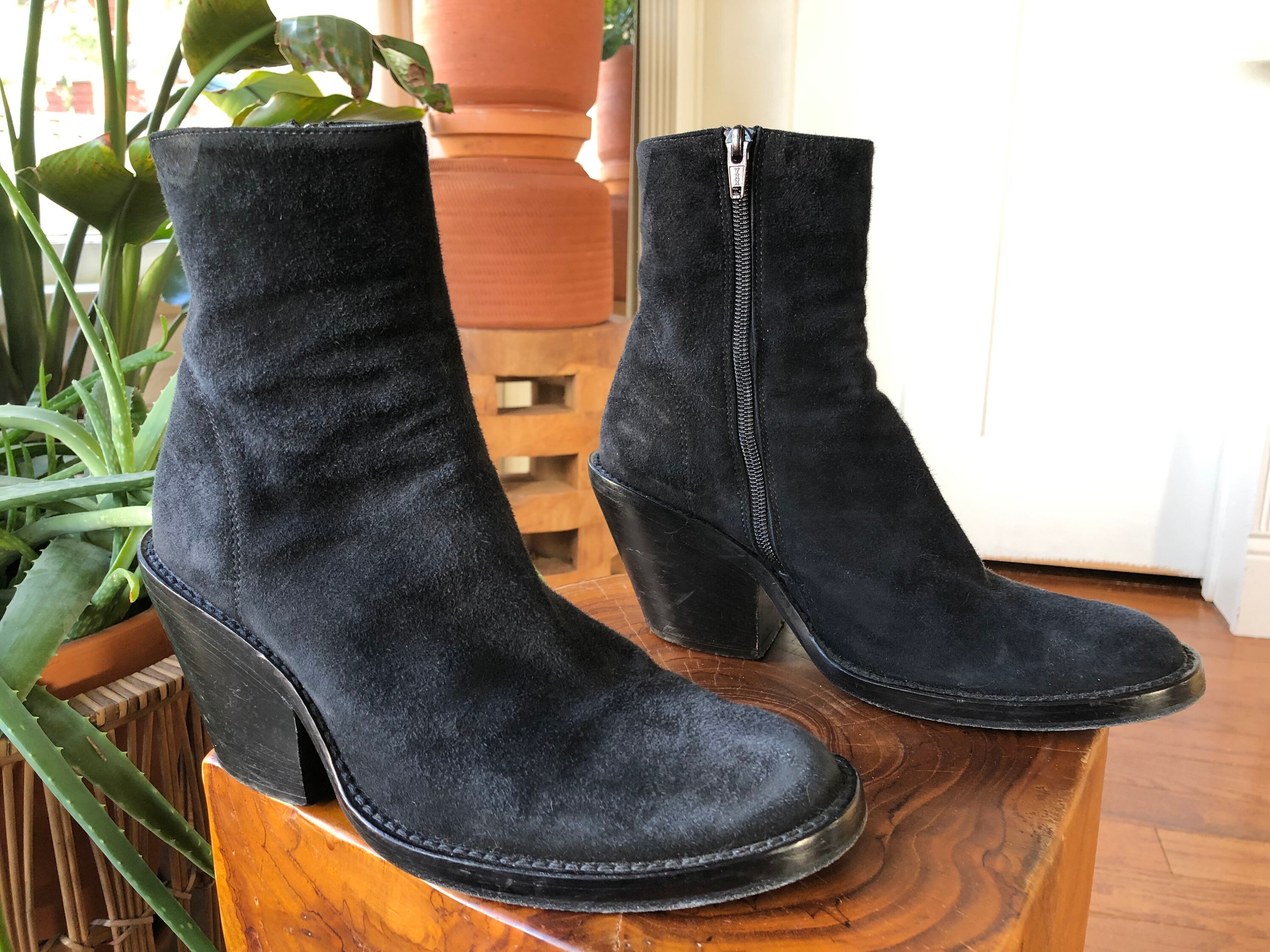 Ann Demeulemeester Black Suede Leather Round Toe Chunky Cuban