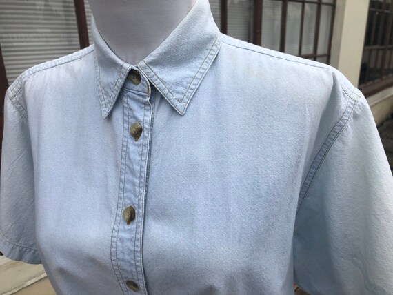 80s Cotton Blue Bleached White Shirt  Denim Boxy … - image 8