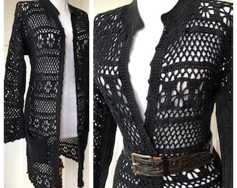 80s Vtg Black Wool Knit Hand Crochet Fishnet Black Cardigan