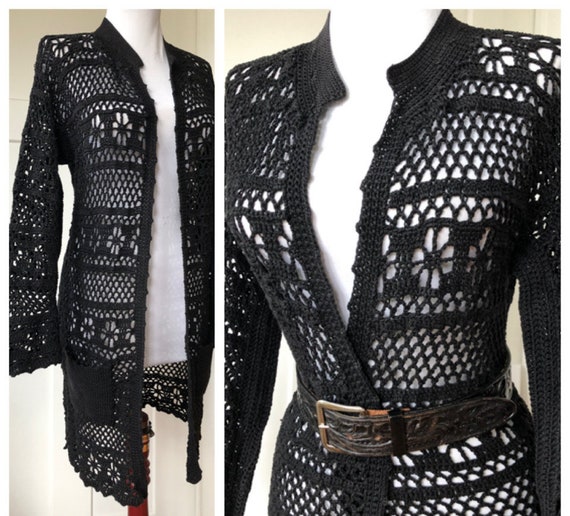 1960s 70s Black Linen Crochet Open Front Long Knit Cardigan