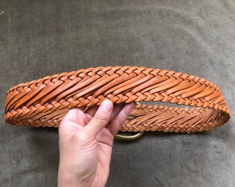 Vintage Wide Woven Tan Brown Leather Belt Braided Solid  display picture 2
