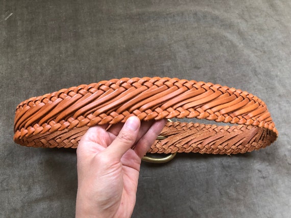 Vintage Wide Woven Tan Brown Leather Belt Braided… - image 5