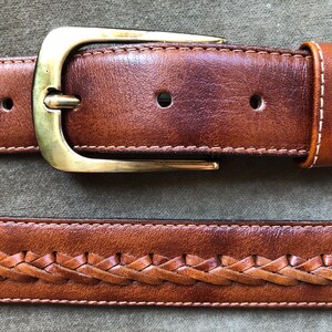 Vintage Soft Woven Brown Leather Western Belt Brass Buckle  display picture 3