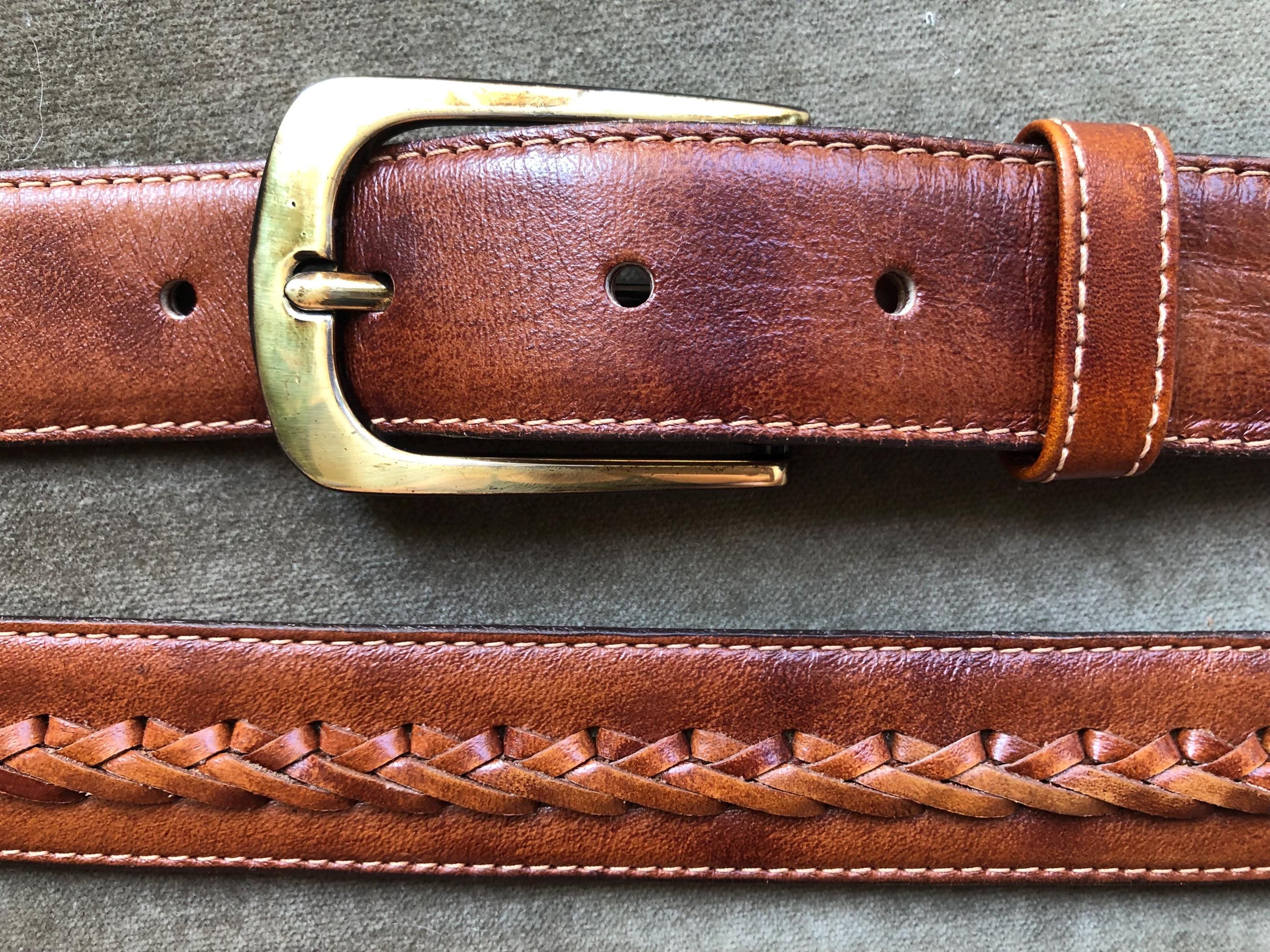 Vintage Soft Woven Brown Leather Western Belt Brass Buckle 1970s
