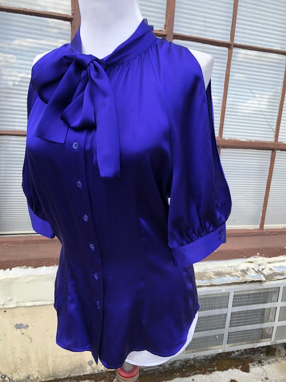 1930s 40s Insp Silk Satin Indigo Dark Blue Blouse… - image 5