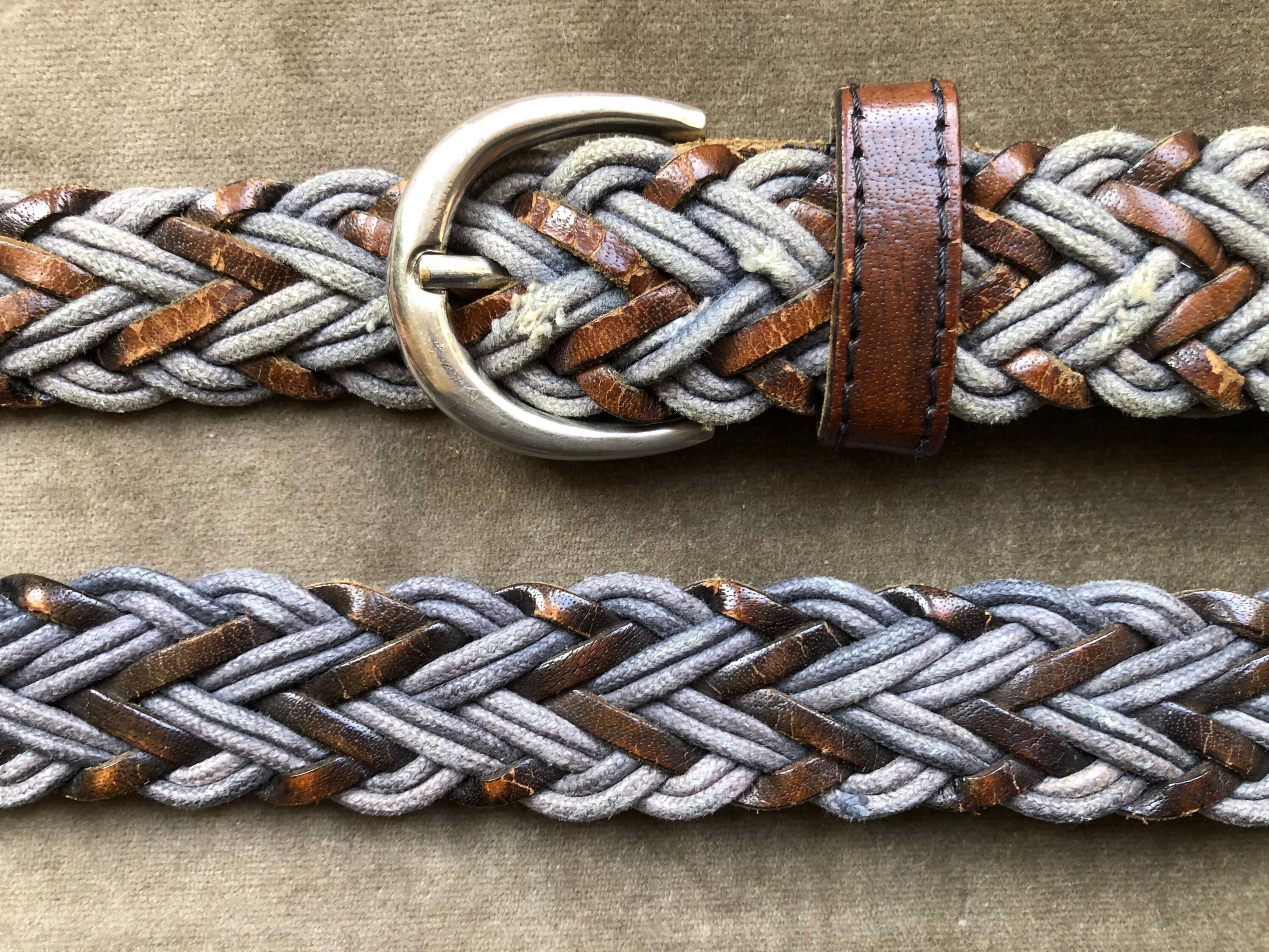 Distressed Black Brown Blue Leather Cord Woven Braided Belt 