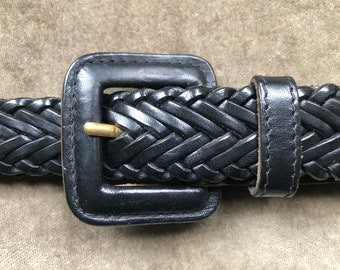 Vintage 90s Black Leather Woven Braided Belt Adjustable Womens Size S M L 28 29 30 31 32 1990s Waist 90s 1980s Square Buckle Western Boho