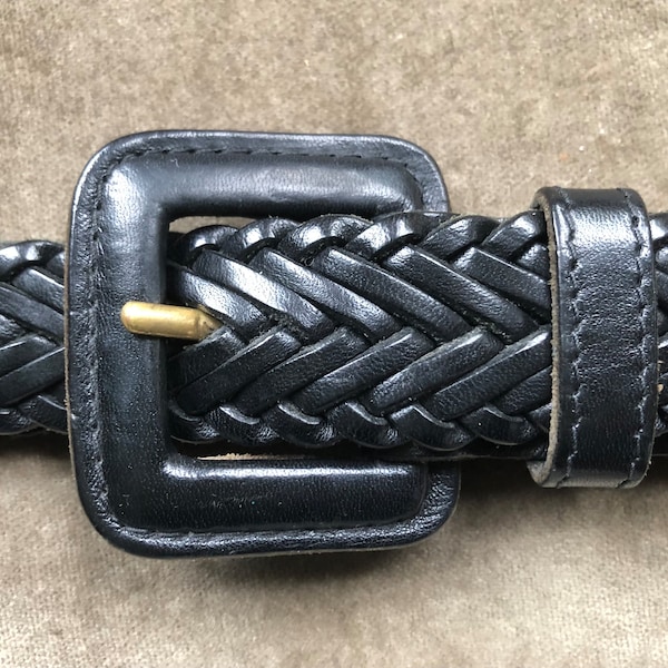 Vintage 90s Black Leather Woven Braided Belt Adjustable Womens Size S M L 28 29 30 31 32 1990s Waist 90s 1980s Square Buckle Western Boho