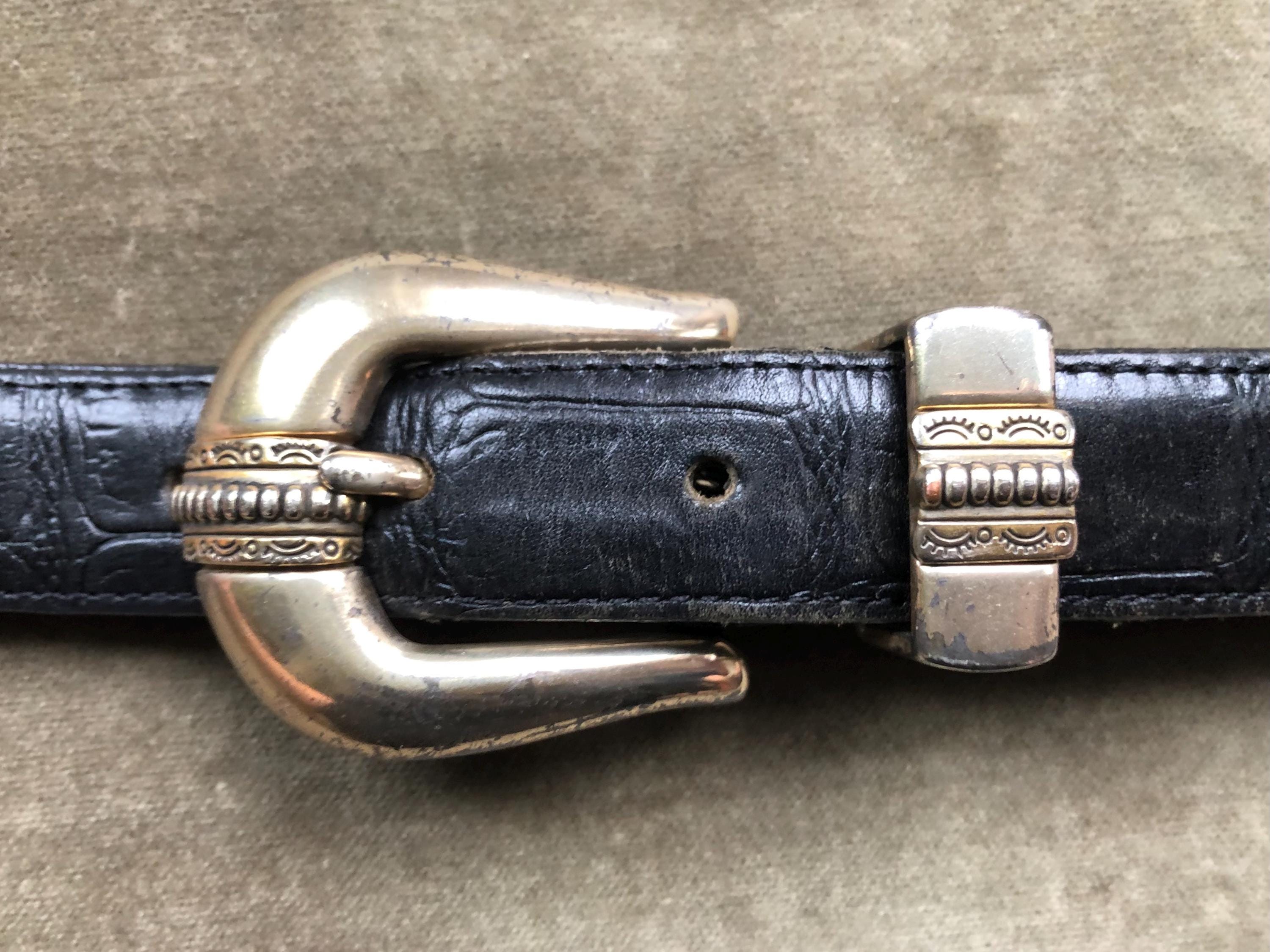 90s Skinny Black Croc Embossed Leather Western Boho Belt  display picture 2