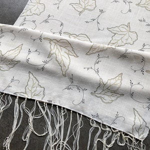 Vintage Silk Off White Ivory Woven Fig Leaf Floral Botanical Print Long Fringed Neck Scarf Shawl 1990s 90s Raw Silk Linen Sheer Burnout Folk
