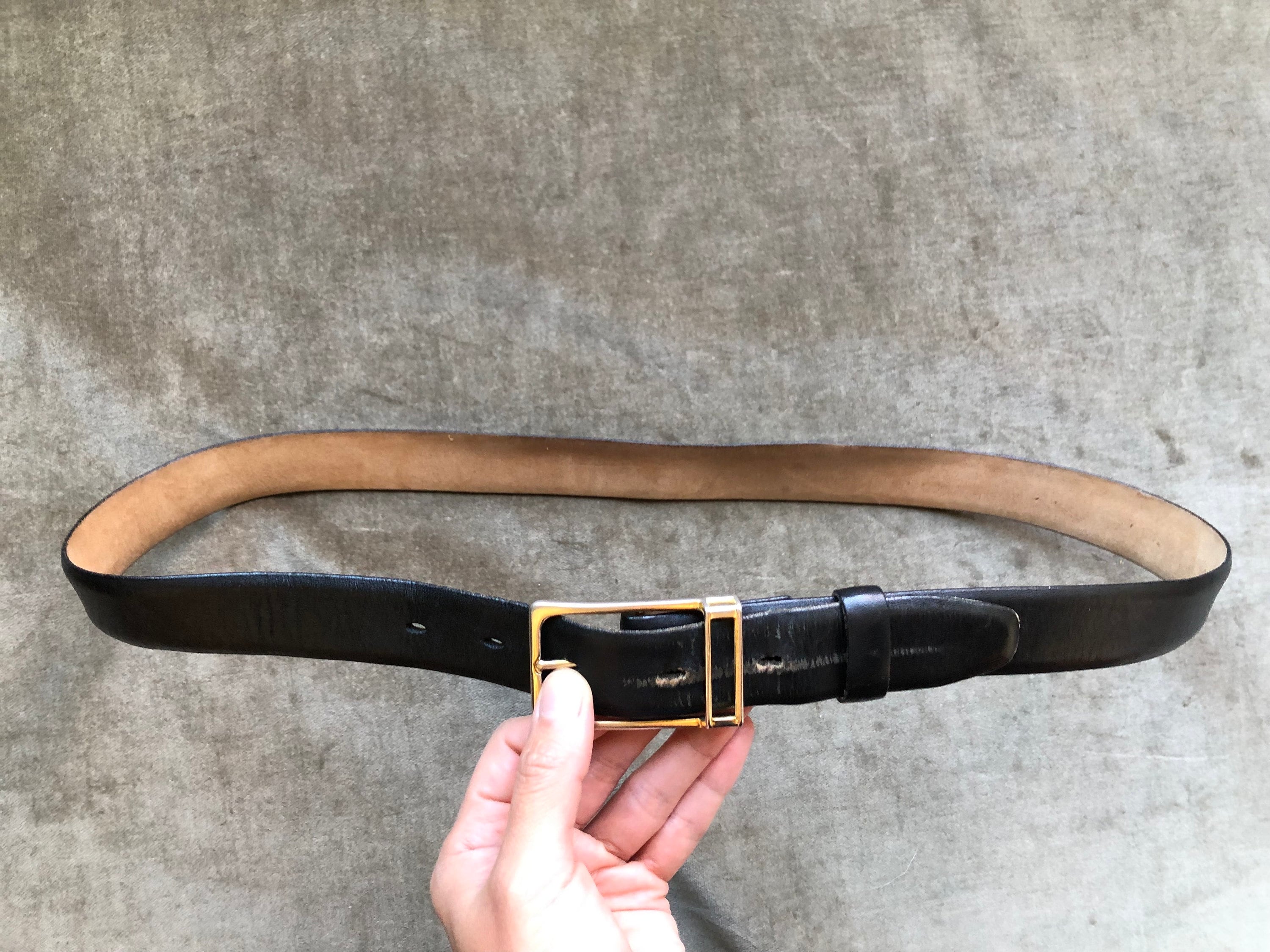 1960s 70s Black Leather Belt Retro Gold Tone Buckle Unisex  display picture 3