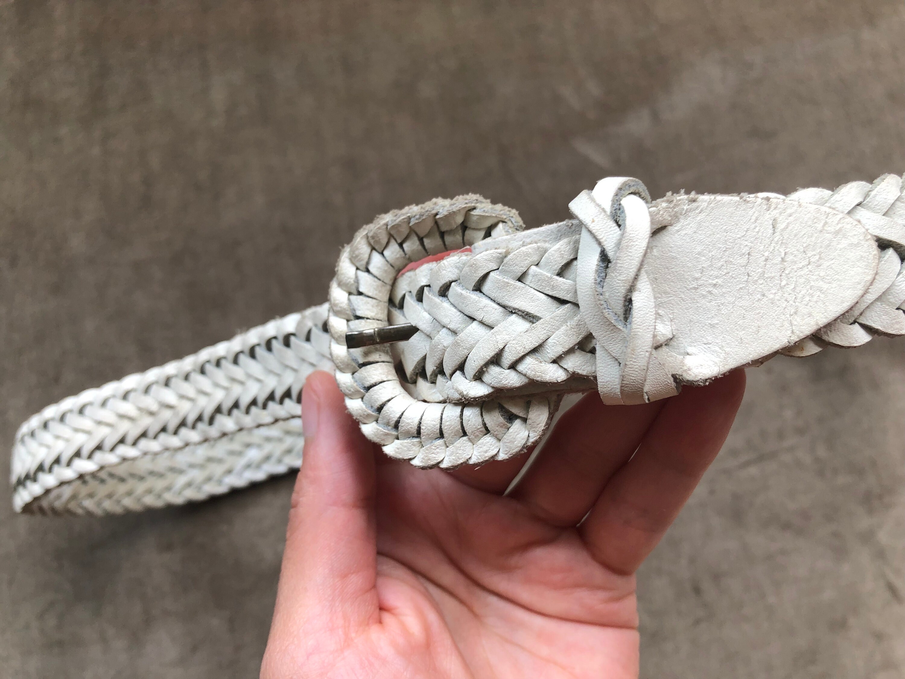 White Leather Woven Braided Belt Adjustable Size Womens XS S M 26