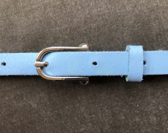 1950s 60s Super Skinny Leather Belt Light Blue Silver Buckle Vintage Size S M 27 38 29 30 Waist Slim Thin Retro 50s 1960s Boho Mod Pastel