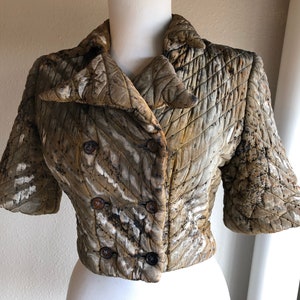 Antique 1920s 30s Silk Quilted Double Breasted Cheongsam Asian Chinese Jacket Coat Vintage 20s 1930s XS Hand Dyed Olive Gray Art Deco Bolero image 9