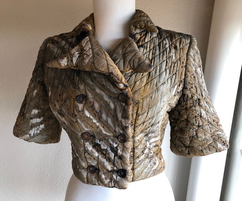 Antique 1920s 30s Silk Quilted Double Breasted Cheongsam Asian Chinese Jacket Coat Vintage 20s 1930s XS Hand Dyed Olive Gray Art Deco Bolero image 9