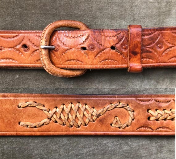 Scorpion Woven Thick Tan Brown Leather Belt Tooled Heavy Duty