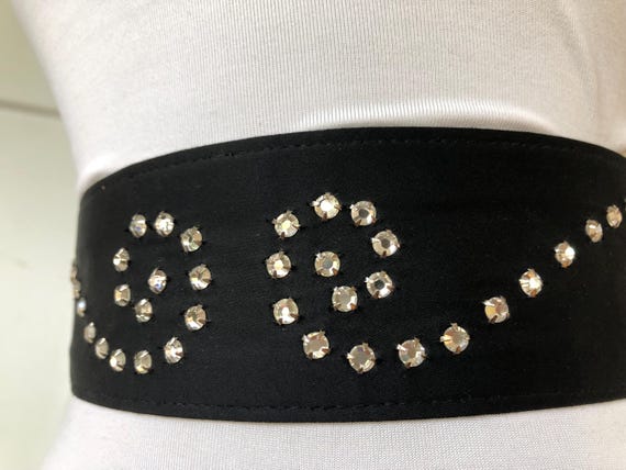 1950s 60s Retro Black Rayon Fashion Wide Belt Rhinestone  display picture 1