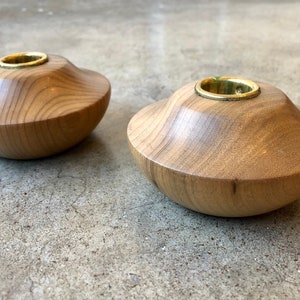 Myrtlewood Round Natural Wood Carved Pair Set of 2 Candlestick Holders Vintage Candle Stick Handmade Rustic Mid Century Modern MCM Style 90s