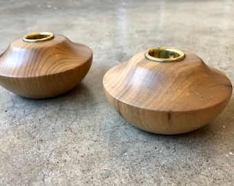 Myrtlewood Round Natural Wood Carved Pair Set of 2 Candlestick Holders Vintage Candle Stick Handmade Rustic Mid Century Modern MCM Style 90s