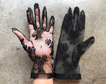 1960s 70s Sexy Ultra Sheer Black Floral Lace Mesh Vintage Lace Net Tule Open Knit Short Wrist Gloves Size 7.5 Lacy Lacey 60s 1970s England