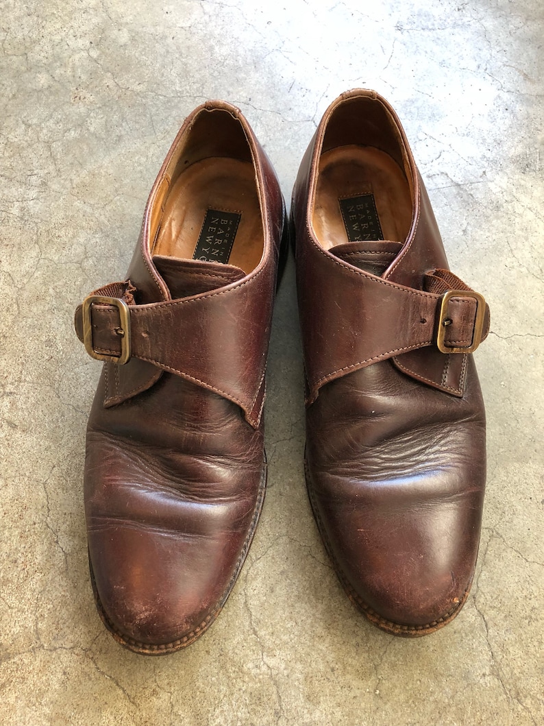 Vintage 90s Mens Barneys New York Brown Leather Monstrap Shoes Oxfords Distressed Worn 1990s Buckle Strap US Size 8.5 Round Toe Loafers