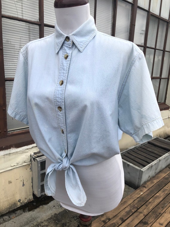 80s Cotton Blue Bleached White Shirt  Denim Boxy … - image 3