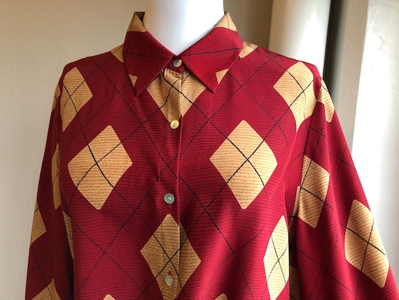 90s Pure Silk Dark Red Maroon Gold Yellow Argyle P