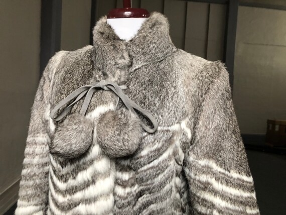 Vintage 70s 80s Genuine Rabbit Fur Jacket Chubby Coat Overcoat 1970s 1980s Size S Pom Pom Ball Neck Tie Grey White Chevron Stripe Boho Retro Etsy Ireland