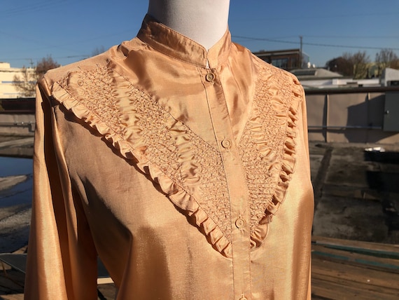 70s Copper Peach Satin Poly Womens Western Ruffled