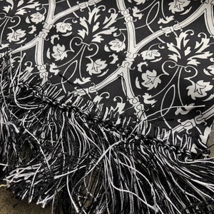 Silk Long Fringed Neck Scarf Silk Twill Contrast Vine Floral Victorian Print Black and White 1990s 90s Vintage Evening Shawl Art Nouveau image 4