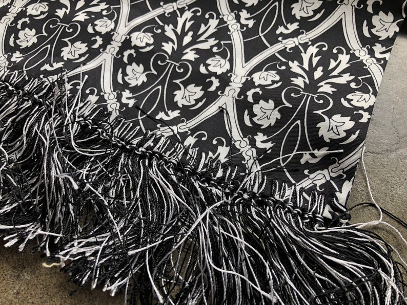 Silk Long Fringed Neck Scarf Silk Twill Contrast Vine Floral Victorian Print Black and White 1990s 90s Vintage Evening Shawl Art Nouveau image 4