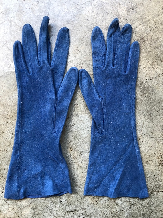 Antique Blue Suede Leather Gloves Size XS 6 6.25 … - image 7