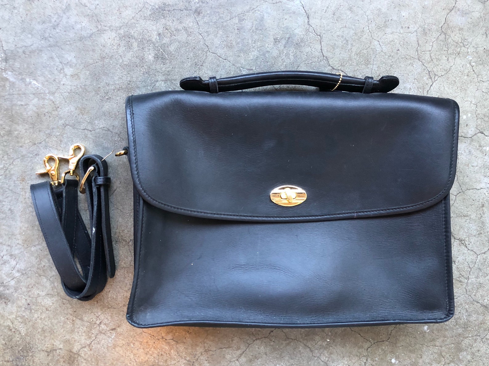 Vtg Thick Black Leather Twist Lock Shoulder Bag Briefcase | Etsy