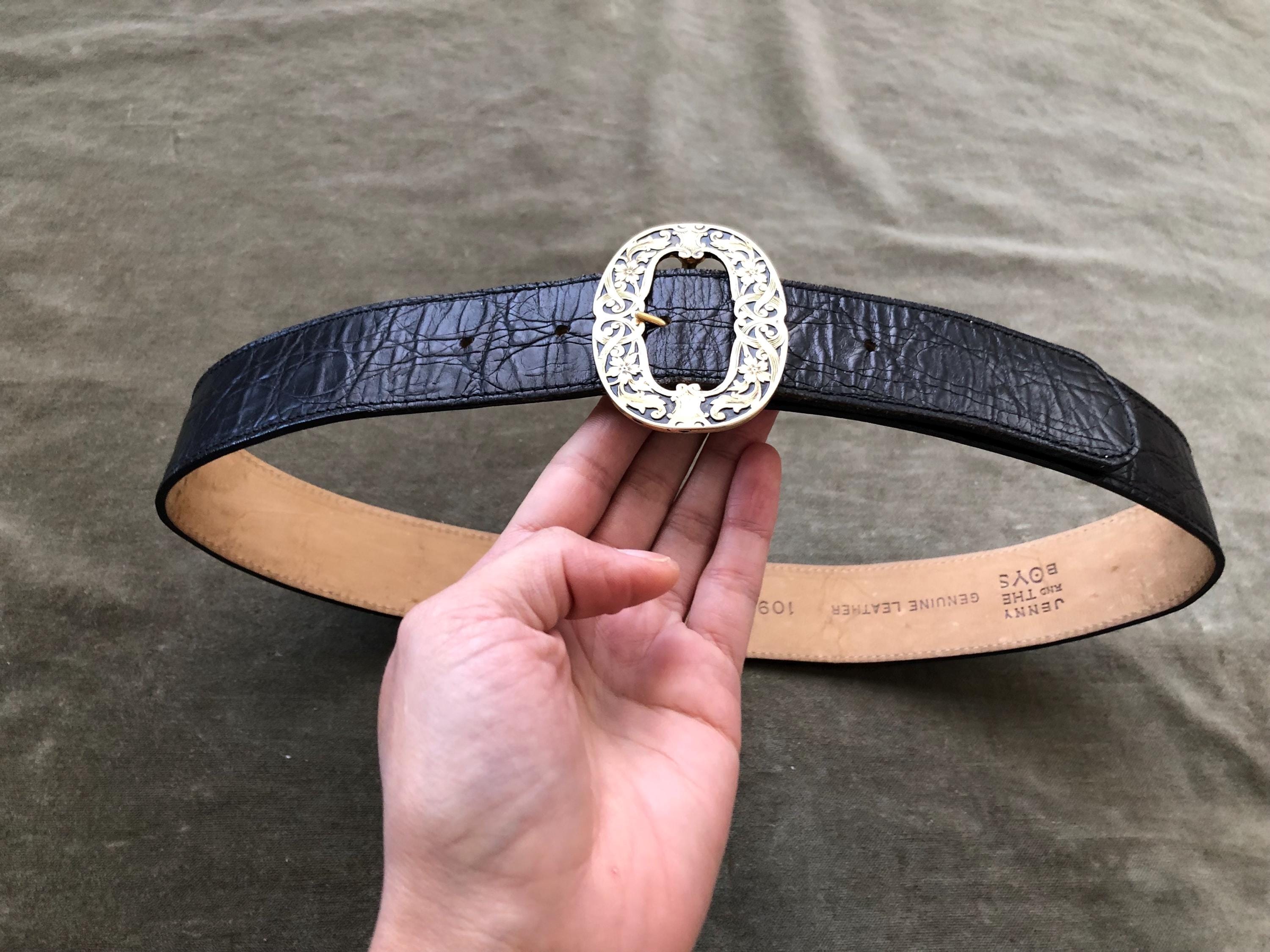 Vintage 90s Black Leather Croc Embossed Wide Waist Belt Boho Goth Y2K Wide Leather Black Croc Belt with Gold Buckle | BRAHMIN main image 3