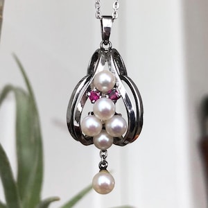 Vintage 1970s Silver Pearl Cluster Ruby Gemstone Dangle Pendant Chain Necklace Art Nouveau Victorian Inspired Japan Japanese Lacy Retro