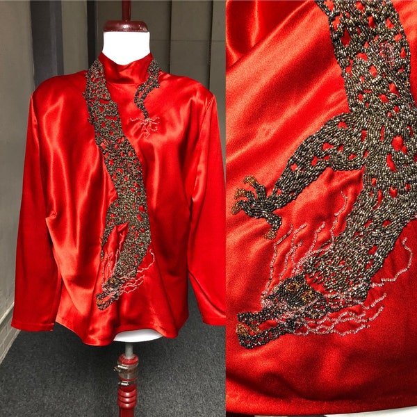 Asian Dragon Metallic Glass Beaded Red Rust Satin Long Sleeve Blouse 70s 1970s Vintage 1980s 80s M L XL Top Deco 1940s 40s Style Handmade