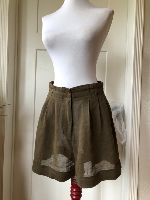 Olive Linen Sheer Woven High Waisted Flared Pleat… - image 2